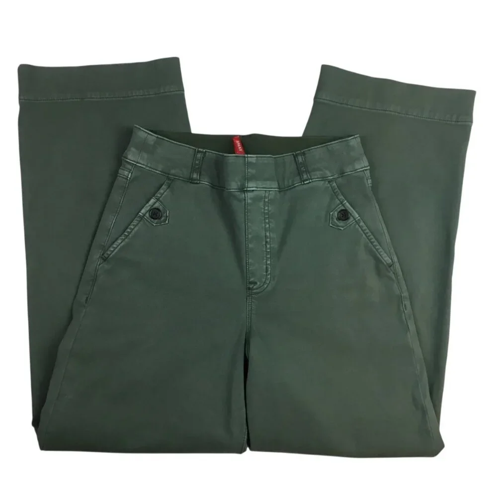Spanx Twill Crop Wide Leg Pants Olive Green Womens Small Casual High-Waist - Picture 9 of 13